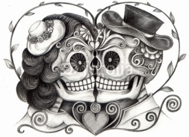 Naklejki Art Skull Day of the dead.Art design skull wedding in love action smiley face day of the dead festival hand pencil drawing on paper.