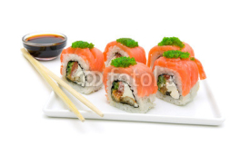 Naklejki rolls with a salmon on a plate on a white background close-up.