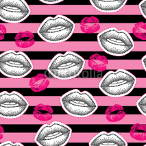 Obrazy i plakaty Vector seamless pattern with patch badges with lips and lipstick kiss on the striped background. Design elements and holiday symbols in trendy dotwork style. Romantic background for Valentine day.