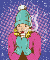 Obrazy i plakaty Beautiful girl in warm hat and gloves holding hot drink. Winter warmup concept retro comic pop art style