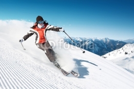 Fototapety Woman skiing in high mountains - modified piste