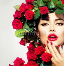 Naklejki Beauty Fashion Model Girl Portrait with Red Roses Hairstyle