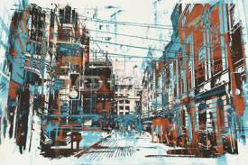 Obrazy i plakaty illustration painting of urban street with grunge texture