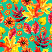 Naklejki Autumn leaves and flowers watercolor seamless pattern