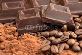 Fototapety dark chocolate, cocoa powder and coffee beans