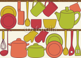 Naklejki Kitchen utensils on shelves - seamless pattern