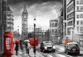Fototapety oil painting on canvas, street view of london. Artwork. Big ben. couple and red umbrella, bus and road, telephone. Black car - taxi. England