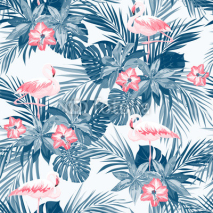 Naklejki Indigo tropical summer seamless pattern with flamingo birds and exotic flowers