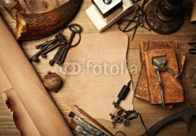 Fototapety Set of old fashion elements with piece of leather and tattoo mac