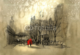 Naklejki couple in red walking on street of city,freehand sketch