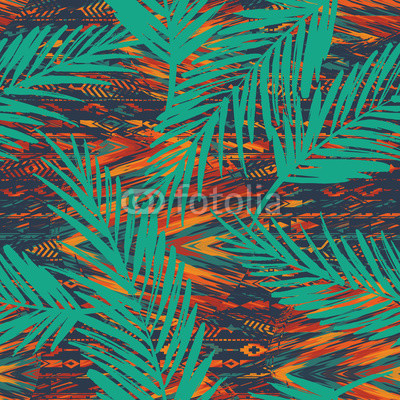 Tribal ethnic seamless pattern with geometric elements and palm leaves.