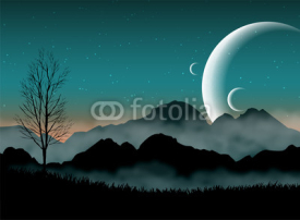 Fototapety SF space night sky with silhouette mountains and close planets