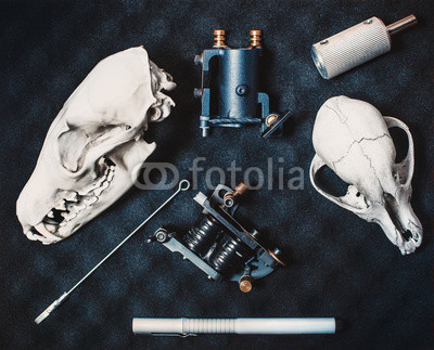 Two machines for tattoos with a needle and parts, gray marker drawing lie on black paralon shot closeup. On the sides are two skulls of animals foxes and dogs