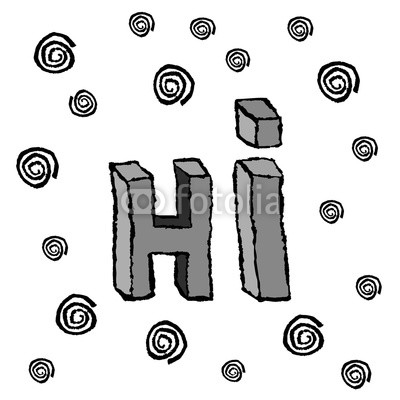 Hand-drawn word Hi in grey color on white background with spirals. Handwritten lettering ink for posters,greeting cards.