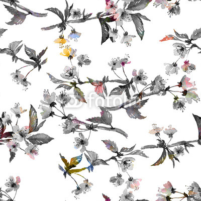 Seamless watercolor pattern cherry blossom branches. Monochromatic with color accents. Isolated on black background. Textile print. Template for scrapbook.