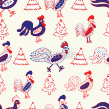 Naklejki Funny roosters, seamless vector pattern