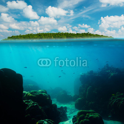 Tropical underwater shot splitted with island and sky