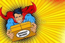 Fototapety Pop art superhero. Young handsome happy man in a superhero costume flies holding big box with super fast delivery text. Vector illustration in retro pop art comic style. Delivery poster template.