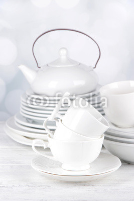 White crockery and kitchen utensils,