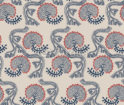 Seamless floral pattern, traditional block printed ornament, handmade Russian motif with navy blue and red flowers on ecru background. Textile print.