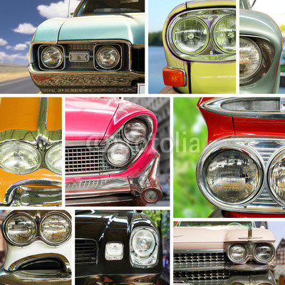 Vintage cars, vintage collage, bumper and headlights