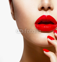 Fototapety Red Sexy Lips and Nails closeup. Manicure and Makeup