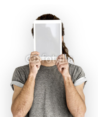 Man Digital Tablet Face Covered Copy Space Technology Concept