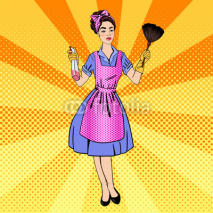 Fototapety Woman Cleaning the House. Girl Doing House Work. Pin Up Girl. Pop Art