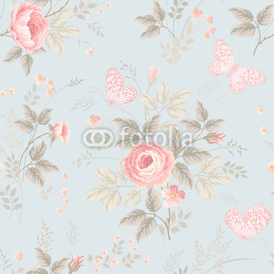 seamless floral pattern with roses and butterflies