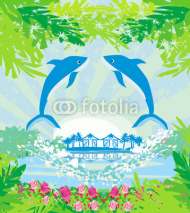 Naklejki Tropical island paradise with leaping dolphins
