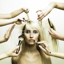 Fototapety Model and hands of stylists