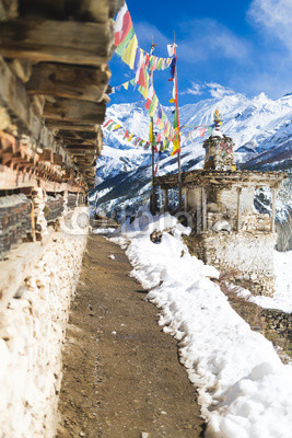 Prayer wheels in high Himalaya Mountains, Nepal village