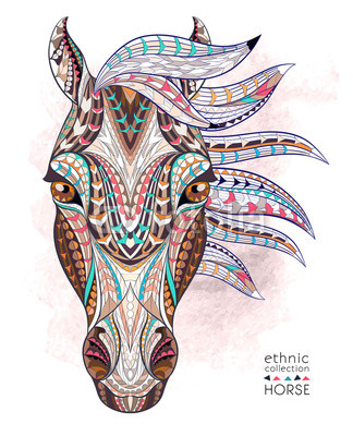 Patterned head of the horse on the grunge background. African / indian / totem / tattoo design. It may be used for design of a t-shirt, bag, postcard, a poster and so on.  