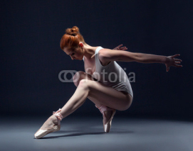 Naklejki Graceful slender ballerina dancing in studio