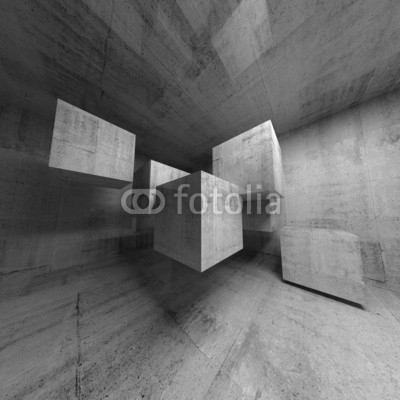 Abstract concrete 3d interior with flying cubes