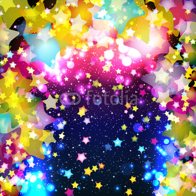 Bright colorful flying stars on a fantastic design background.