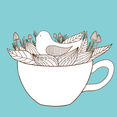 Peace and love illustration. Cute bird in the cup