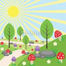 Naklejki Cartoon bright landscape with mushrooms