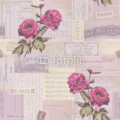 seamlessly tiling paper collage pattern with peonies