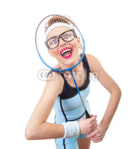 Fototapety Surprised funny fit woman playing with recket
