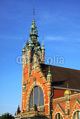 Facade of historic building of Railway station in Gdansk, Poland