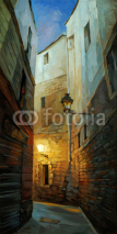 ancient night street in gothic quarter of barcelona,  illustrati