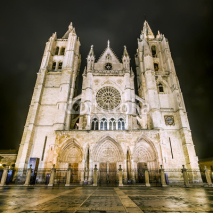 Fototapety Night shot of the Cathedral of Leon in a foggy day, Leon, Spain