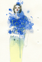 Naklejki Beautiful woman in dress . watercolor illustration