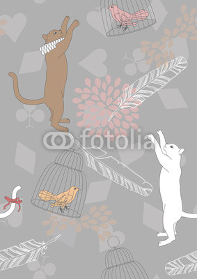 Seamless Pattern with Cats and Birds