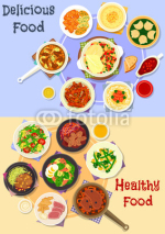 Tasty dishes for dinner menu icon set design