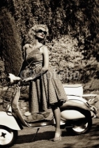 Naklejki Woman in retro dress with a scooter