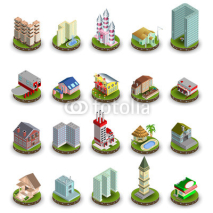 Isometric flat city center, landscapes icons