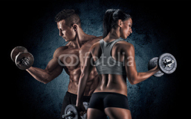 Fototapety Athletic man and woman with a dumbells.