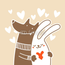 Fototapety Cartoon valentine couple wolf and bunny